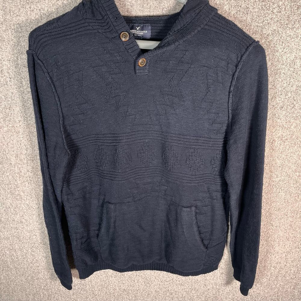 VTG Y2K Mens American Eagle Aztec Printed Hoodie Knit Sweater Navy Blue Sz M